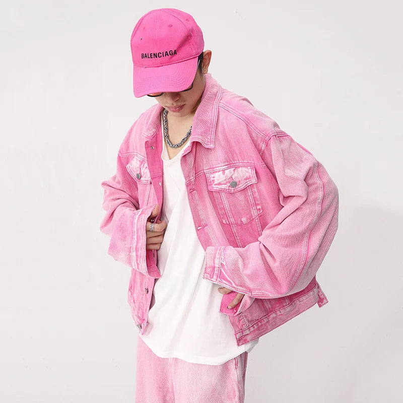 Trendy Male Pink Set Denim Jacket With Straight Leg Jeans Two Piece