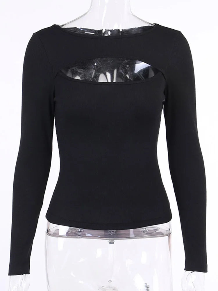 Women's Autumn Hollow Out  Long Sleeve Knitted Tee Top t shirt