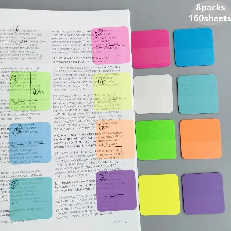160 Sheets 8Colors Transparent Sticky Notes Stationery Supplies