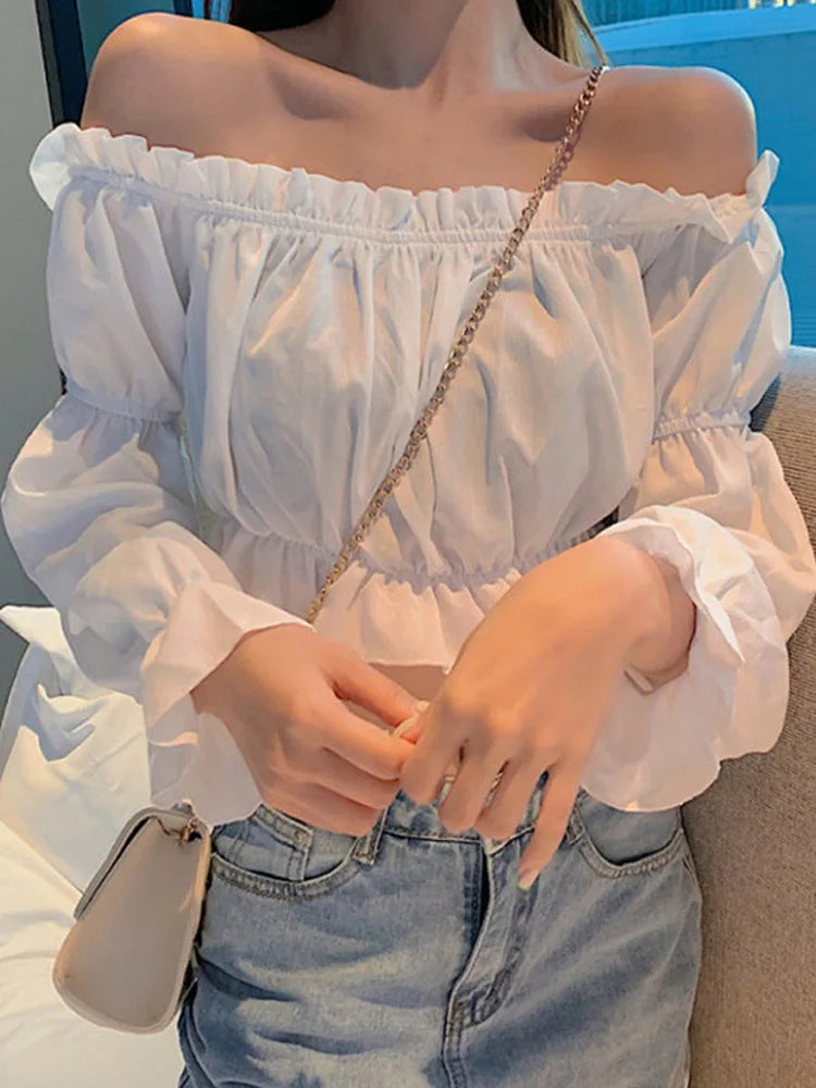 Women's Sexy Off Shoulder Long Sleeve Ruffle Crop Top