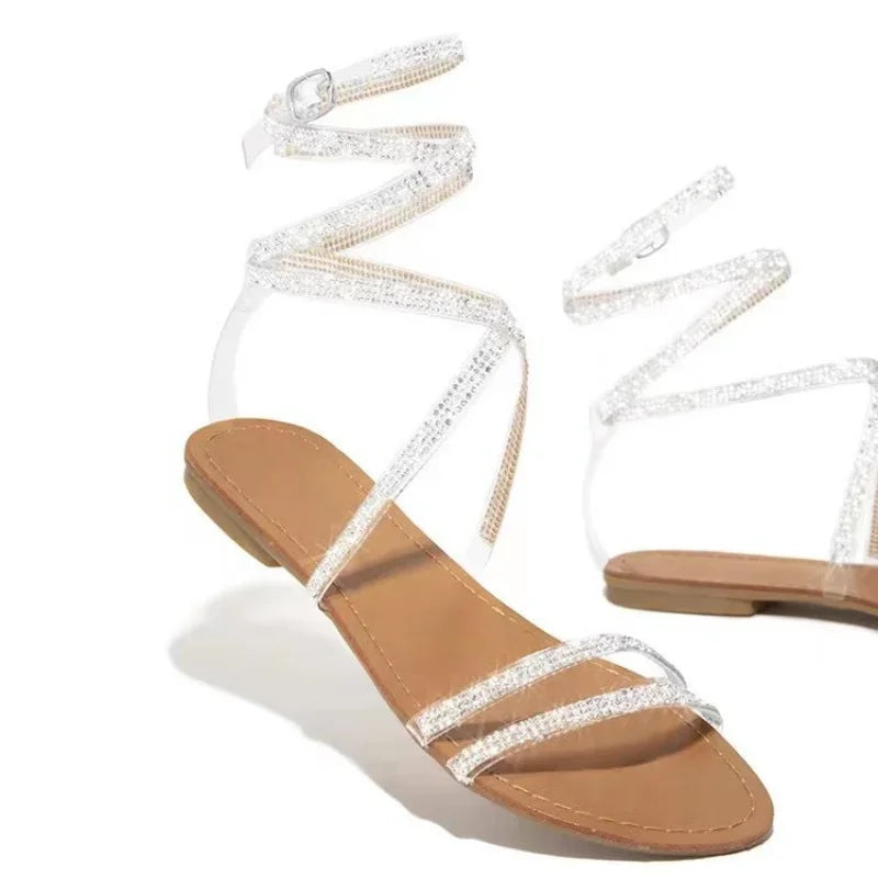 New Summer Women's Shiny Diamond Flat Sandals With Cross Strap