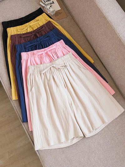 Women's Summer Casual Solid Cotton Linen high waist loose shorts