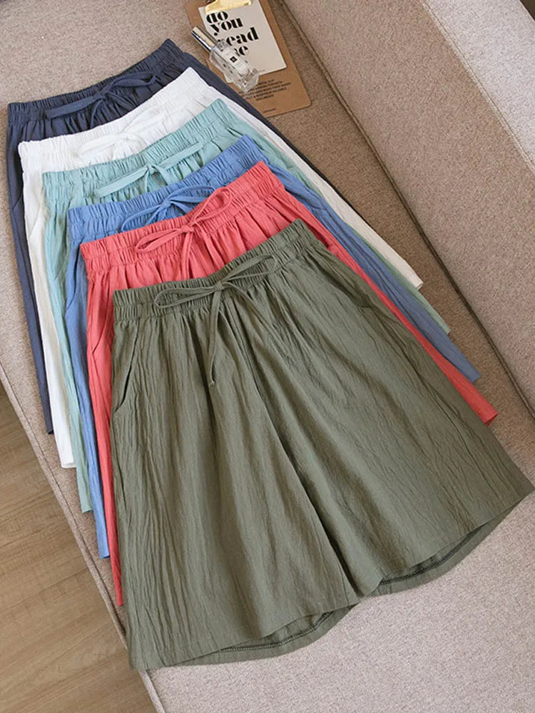 Women's Summer Casual Solid Cotton Linen high waist loose shorts