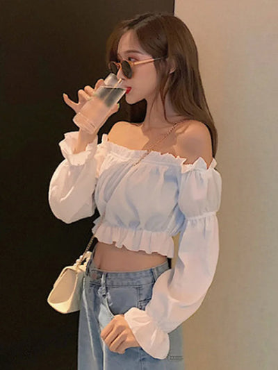 Women's Sexy Off Shoulder Long Sleeve Ruffle Crop Top