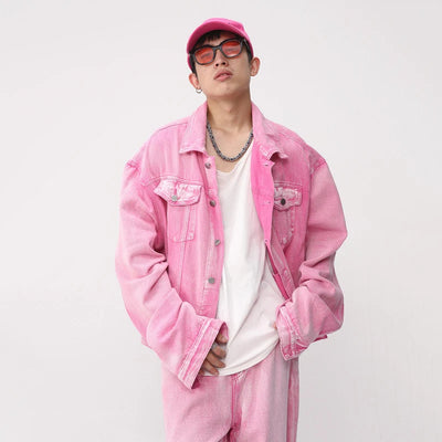 Trendy Male Pink Set Denim Jacket With Straight Leg Jeans Two Piece