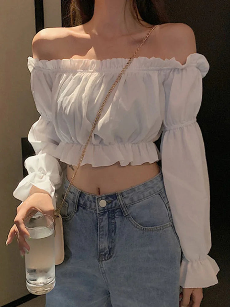 Women's Sexy Off Shoulder Long Sleeve Ruffle Crop Top