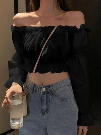 Women's Sexy Off Shoulder Long Sleeve Ruffle Crop Top