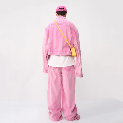Trendy Male Pink Set Denim Jacket With Straight Leg Jeans Two Piece
