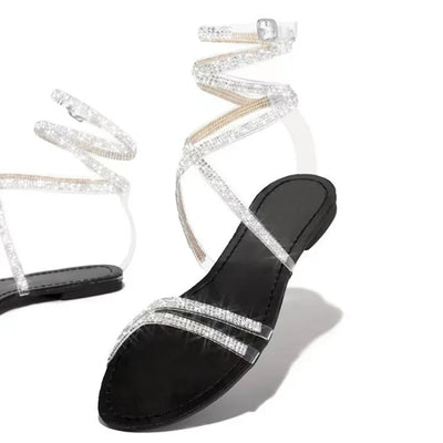 New Summer Women's Shiny Diamond Flat Sandals With Cross Strap