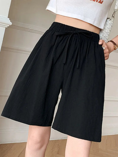 Women's Summer Casual Solid Cotton Linen high waist loose shorts