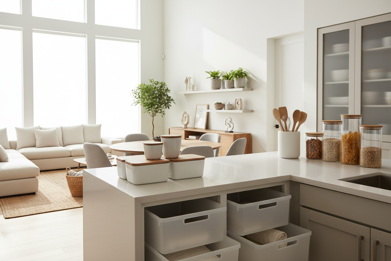 a bright modern home setting showing generic household accessories and organizations items in use such as storage containers kitchen tools and tidy surface neutral colors natural light realistic lifestyle scene no branded product's  