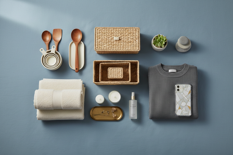 a clean modern flat lay everyday home essentials arranged neatly on a soft muted blue background the scene includes practical home items such as storage organizers kitchen tools towels candles and small home accessories with subtle lifestyle accents like folded jumper a beauty product and phone case minimal stylish ecommerce aesthetic sift natural lighting neutral tones high quality realistic photography no visible branding 
